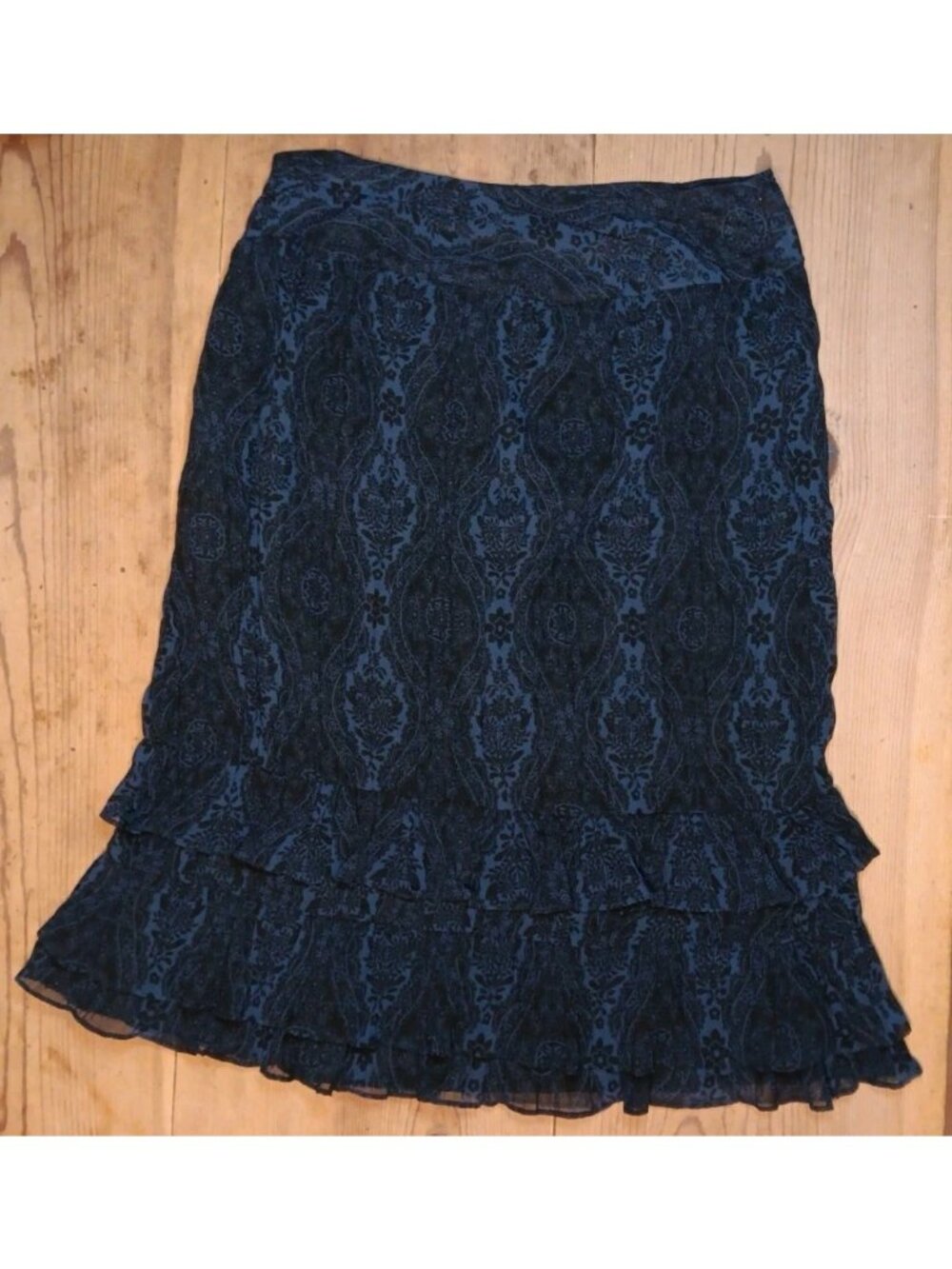 LOFT Ruffle Tiered Midi Skirt Women's 8 Blue Black Dark Floral Boho Whimsigoth